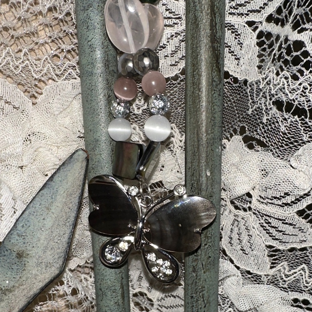 Mystical Mirrors HangCharm (Rose Quartz, Black Iridescent Shell, Canadian Jade) - Picture 5 of 9